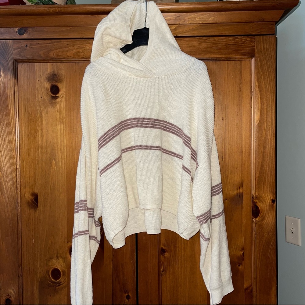 WOMENS FP BEACH BEIGE STRIPED HOODED CROP SWEATER